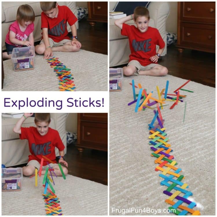 craft sticks made into a game called exploding sticks, children playing game