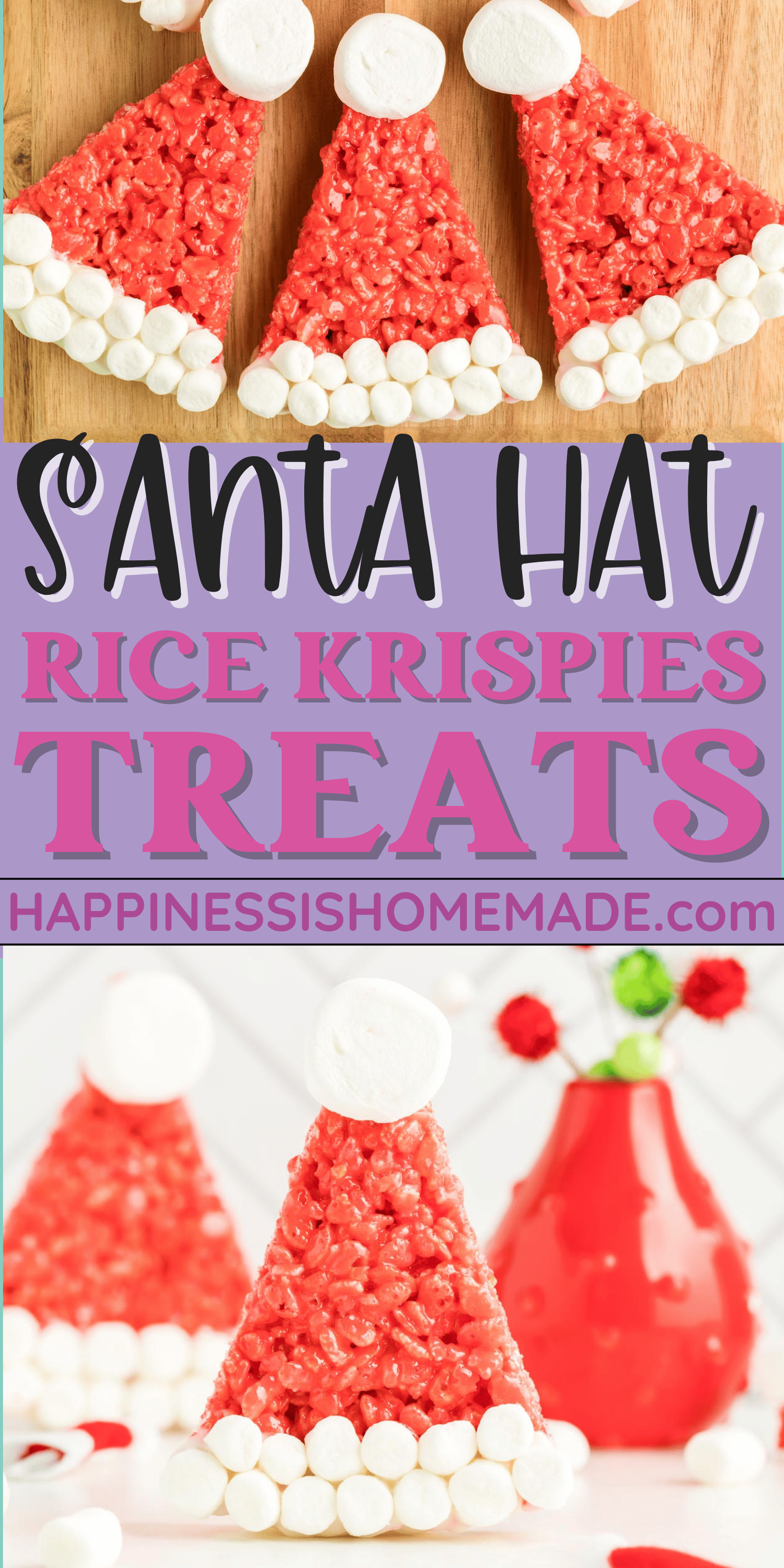 Pin graphic of Santa hat Rice Krispies Treats