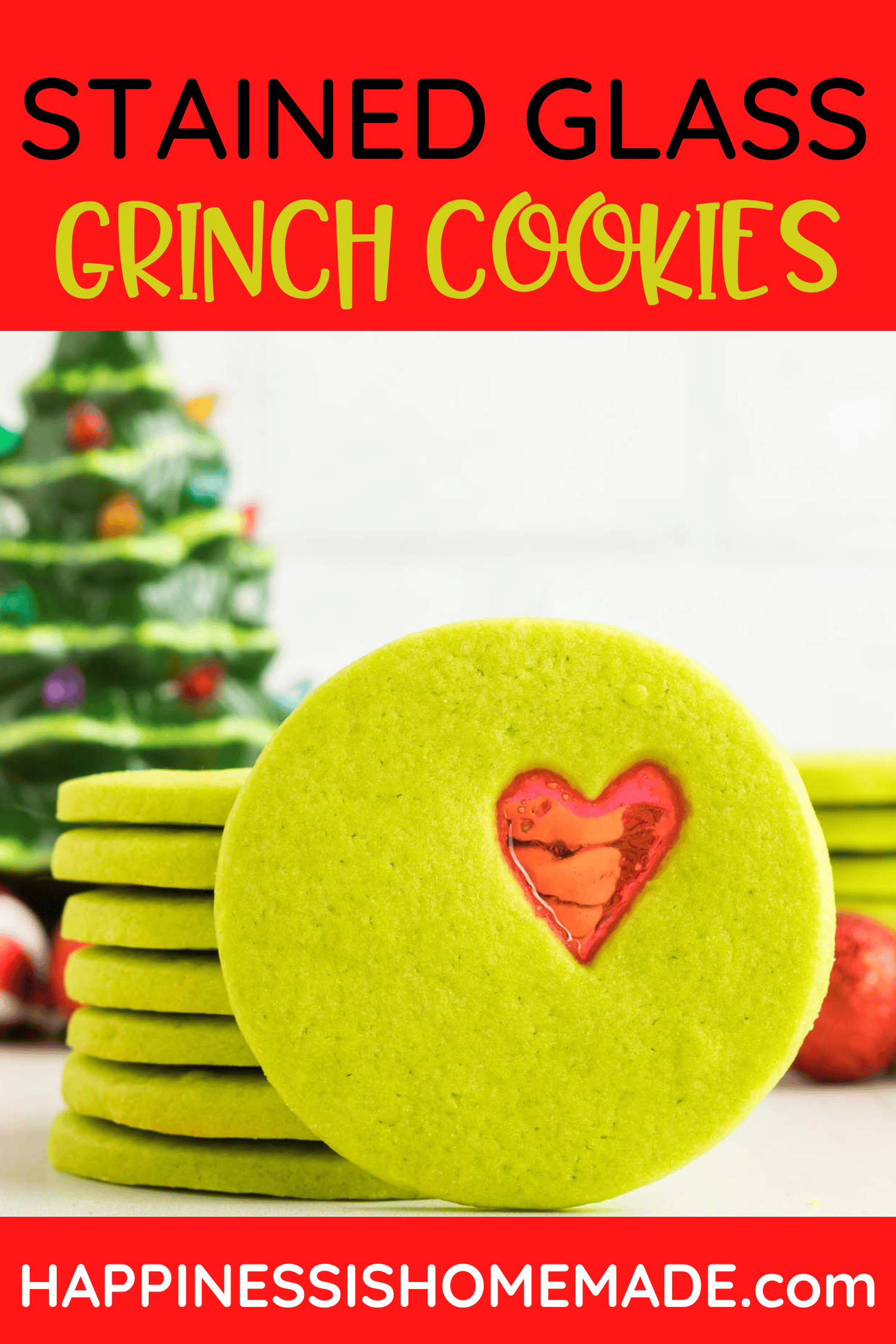 Pin Graphic of Stained Glass Grinch Cookies