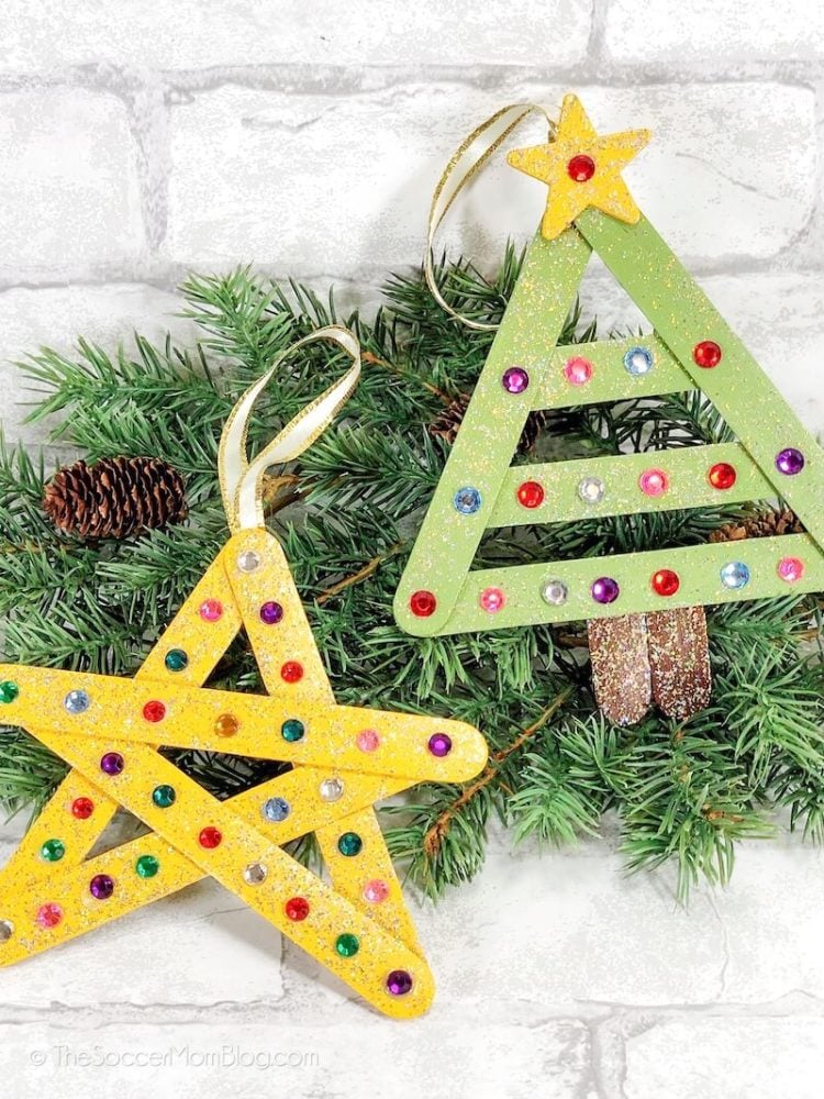 craft sticks made into Christmas tree ornaments