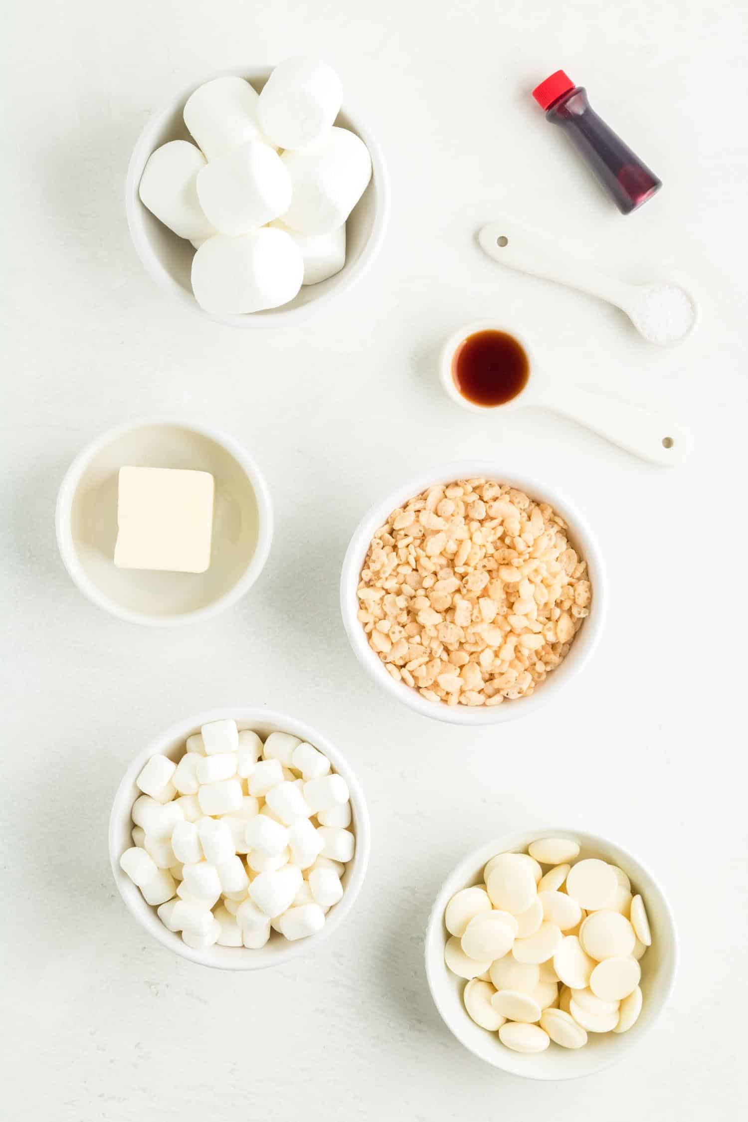 Individual ingredients for Rice Krispie Treats shown in bowls