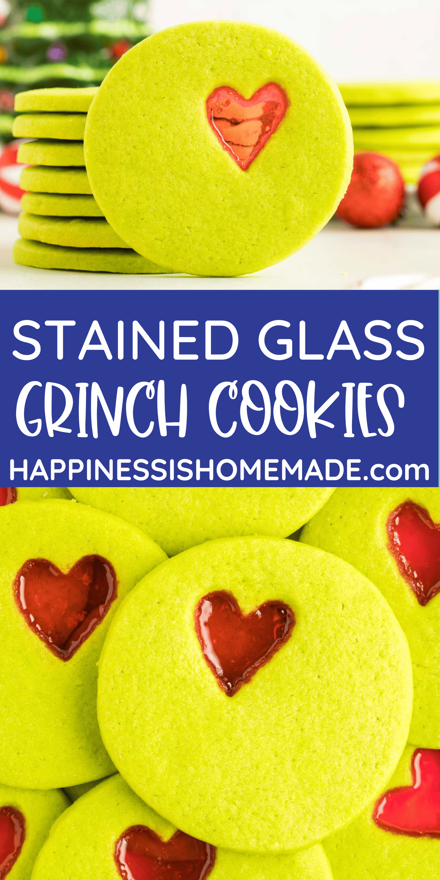 Pin Graphic of Stained Glass Grinch Cookies