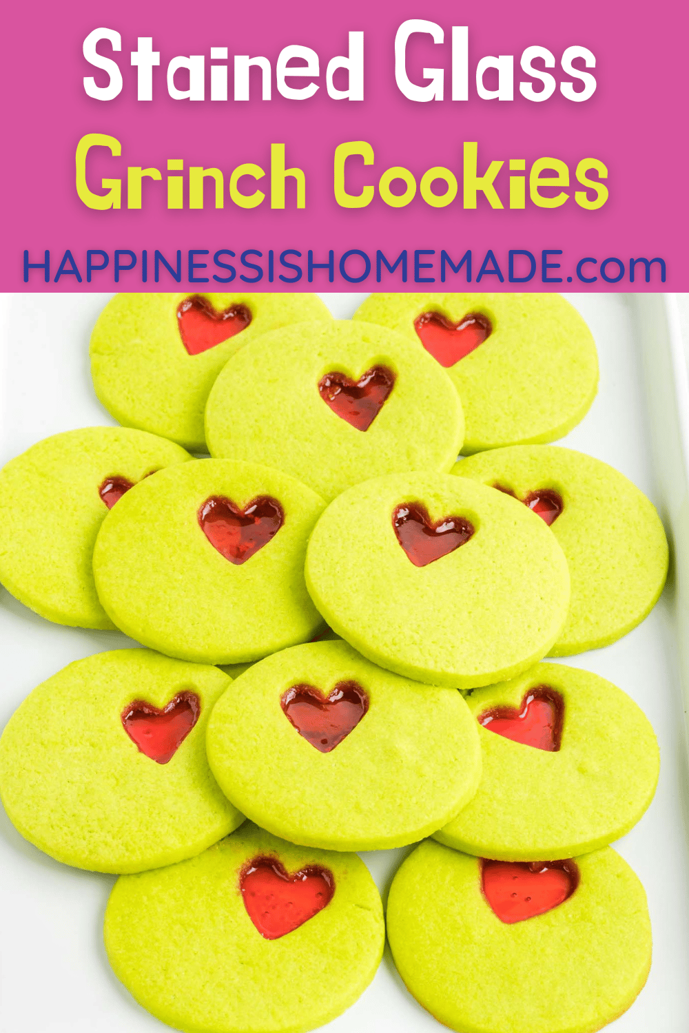 Pin Graphic of Stained Glass Grinch Cookies