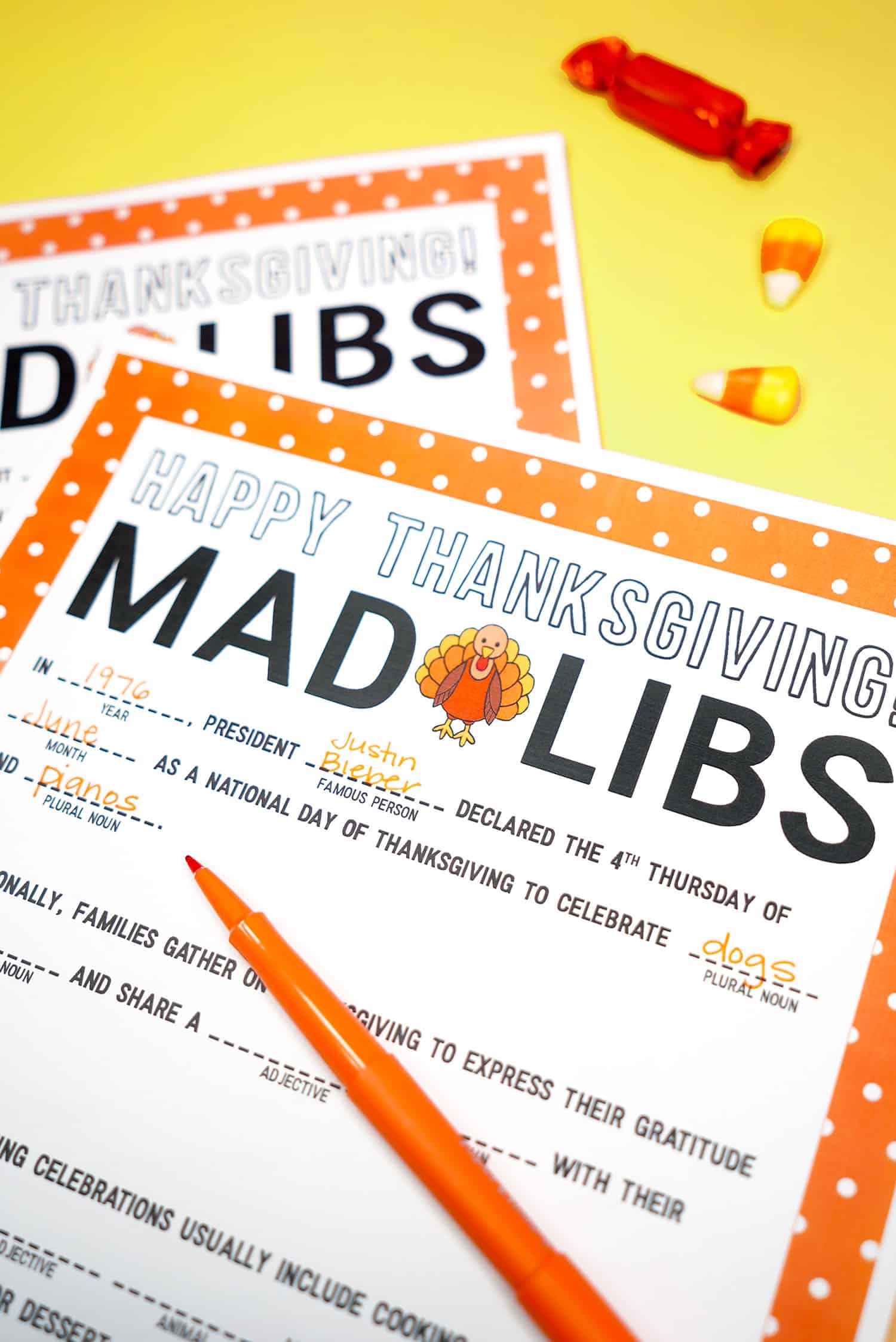 Close up of Thanksgiving Mad Libs with some silly answers filled in