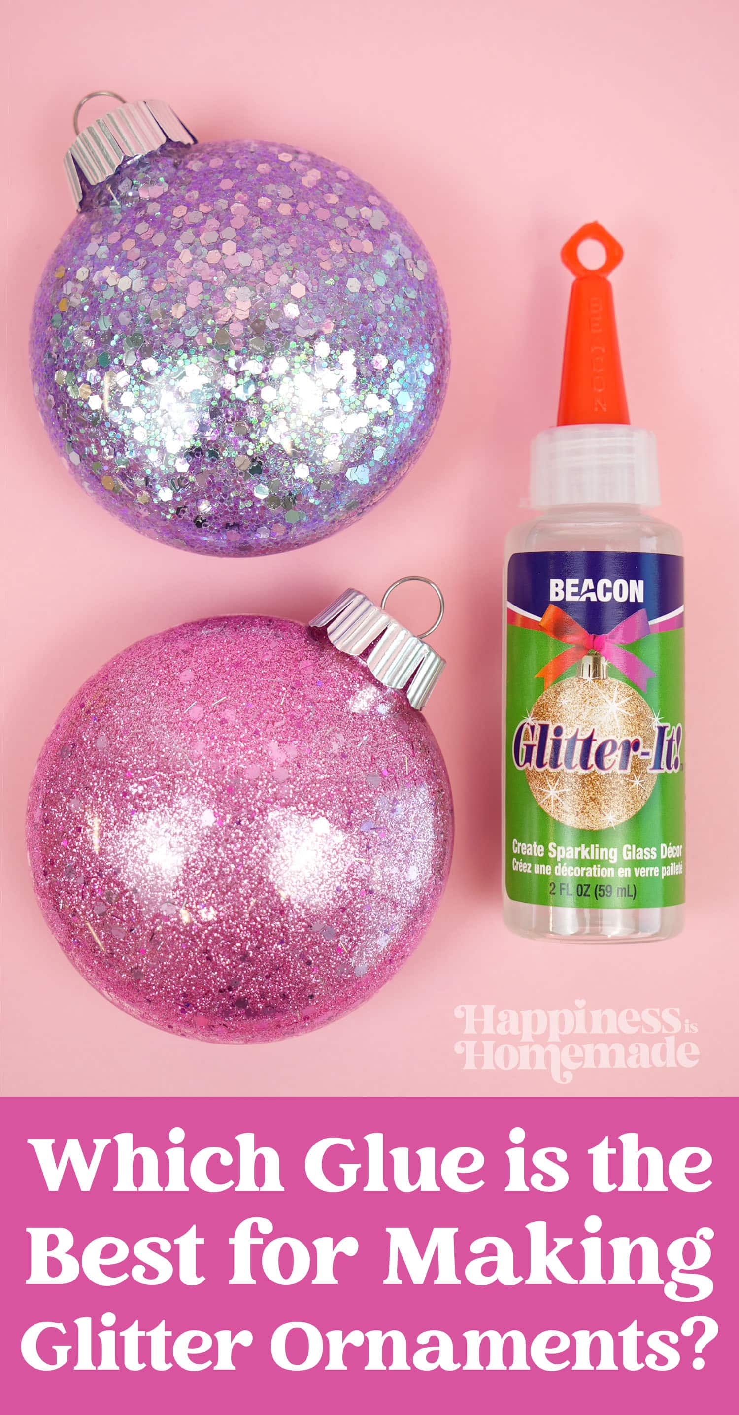 glitter ornaments are sitting on a pink surface with glitter iT