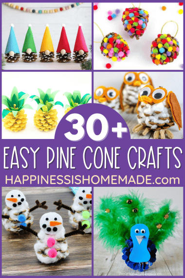 Long Pin graphic of 30+ Easy Pine Cone Crafts