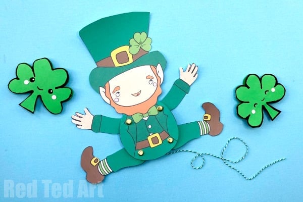 leprechaun printable puppet with string attached and shamrocks 