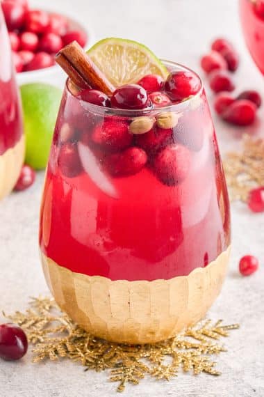 cranberry wine spritzer cocktail with berries and cinnamon dressings