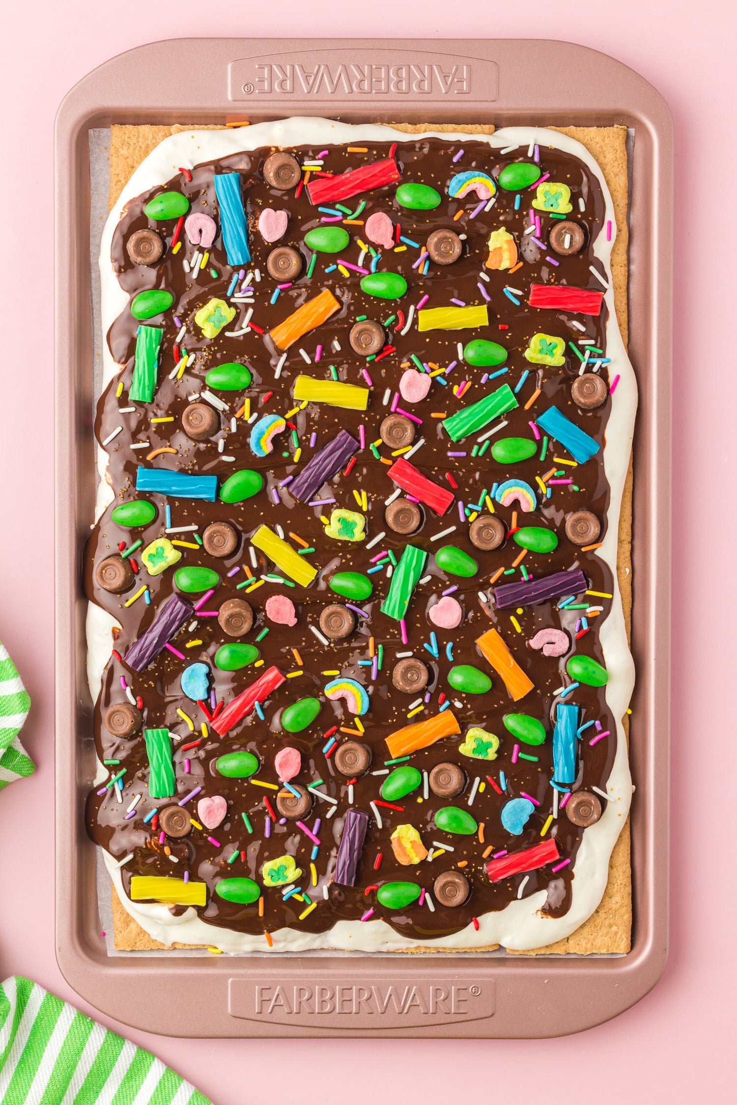 St. Patrick's Day bark recipe topped with candy