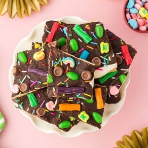 Plate of festive St. Patrick's day bark with candy