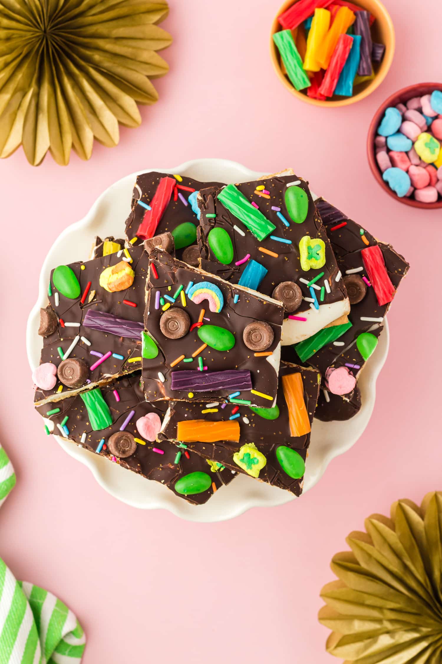 Plate of festive St. Patrick's day bark with candy