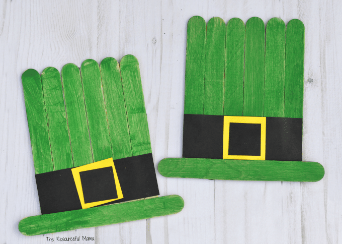 leprechaun hats made from painted wooden craft sticks
