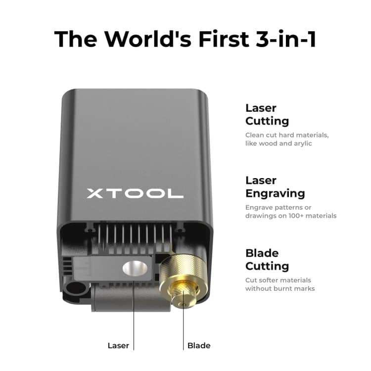 Stock photo of the xTool laser and blade cutting head with features
