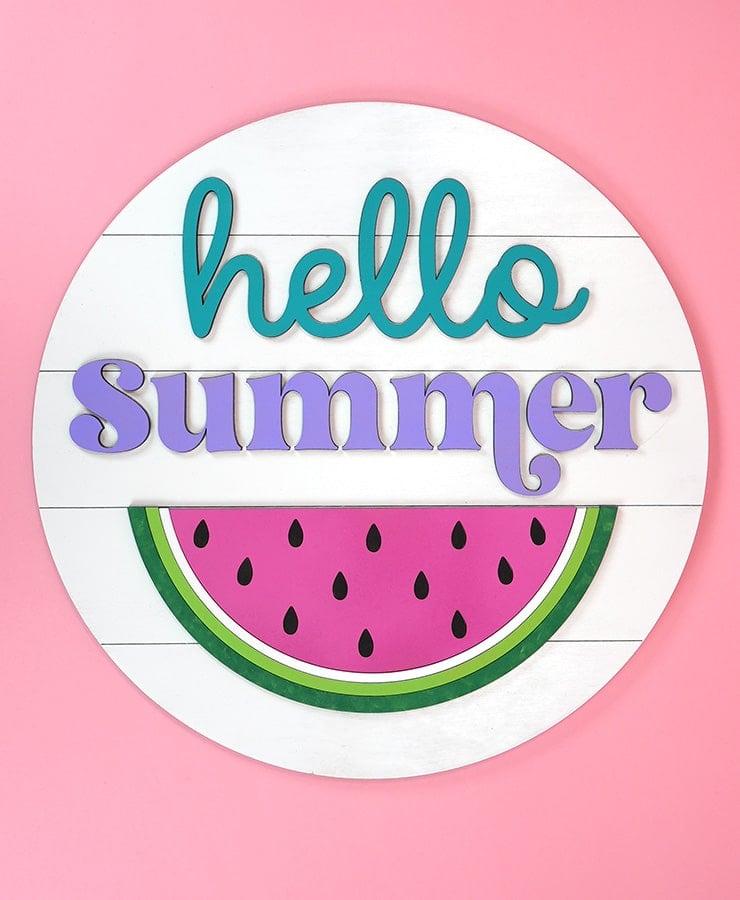 wooden sign with watermelon that says hello summer