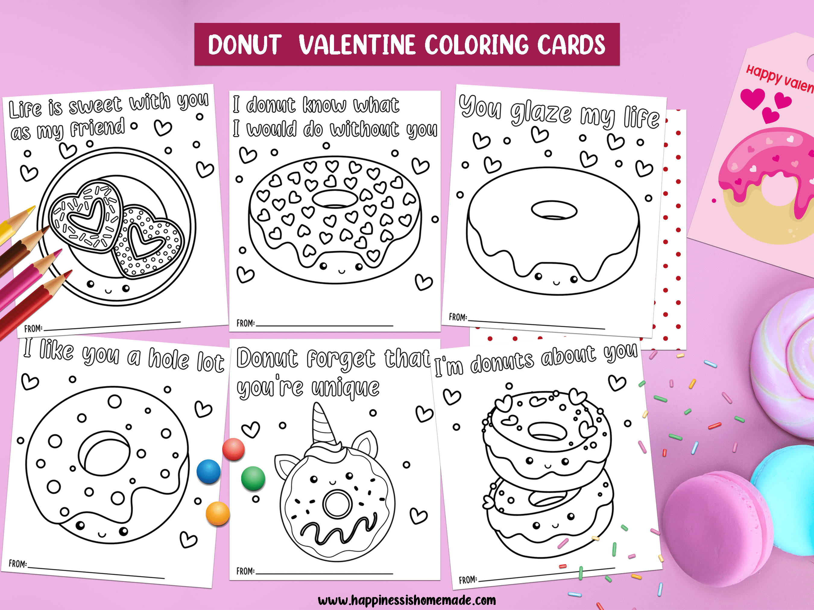 donut valentine cards on a purple background with colored pencils and sprinkles