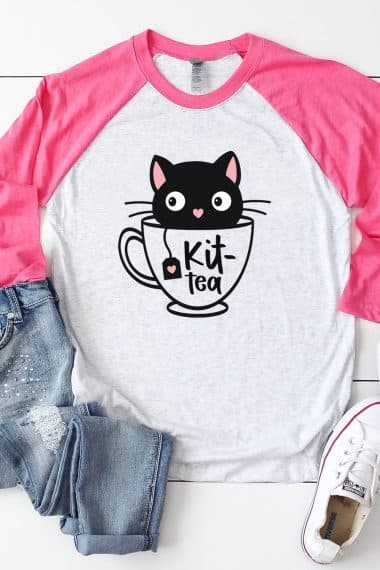 kit tea svg file on pink and grey shirt with shoes and jeans
