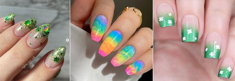 3 different St. Patrick's Day green and rainbow nail ideas in a collage