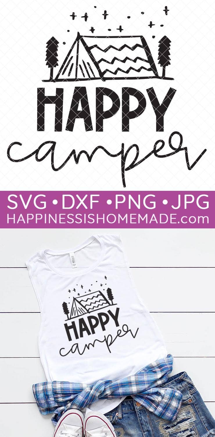 Pinterest graphic for "Happy Camper" SVG File - example shirt and design graphic