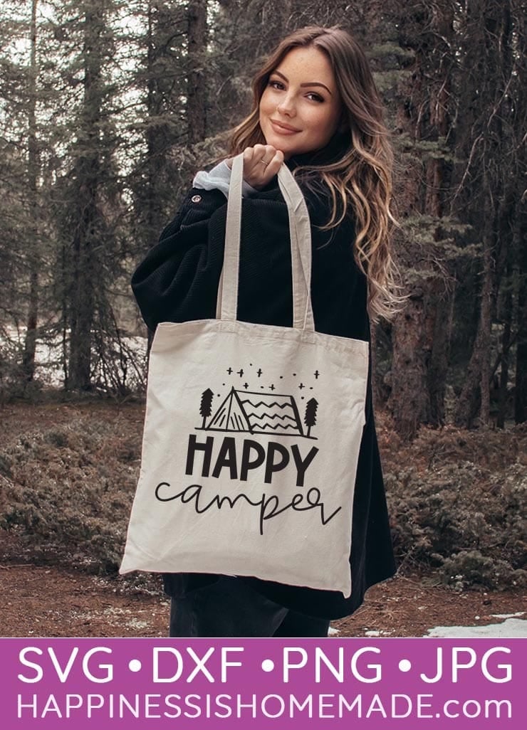 Pinterest graphic for "Happy Camper" SVG File - example tote bag with design graphic