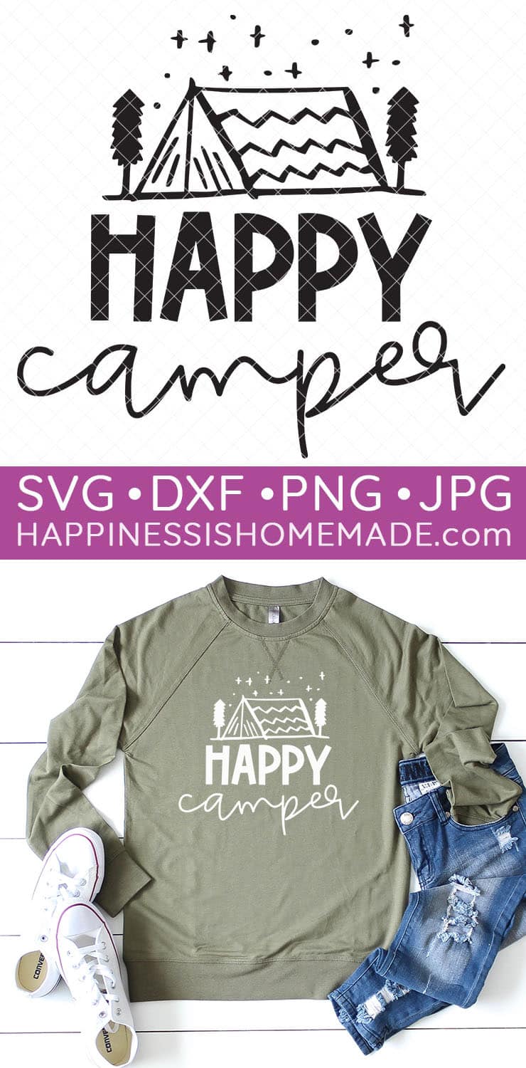 Pinterest graphic for "Happy Camper" SVG File - example shirt and design graphic