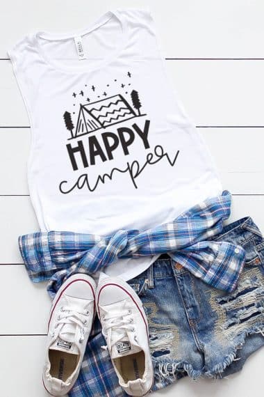 happy camper svg file on tank top with ripped shorts and shoes
