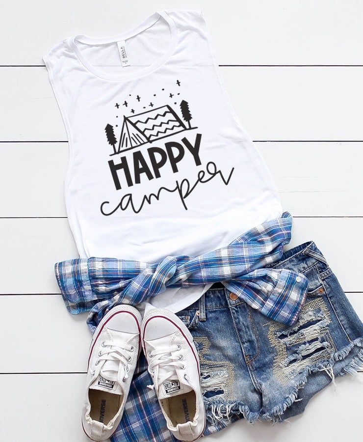 happy camper svg file on tank top with ripped shorts and shoes