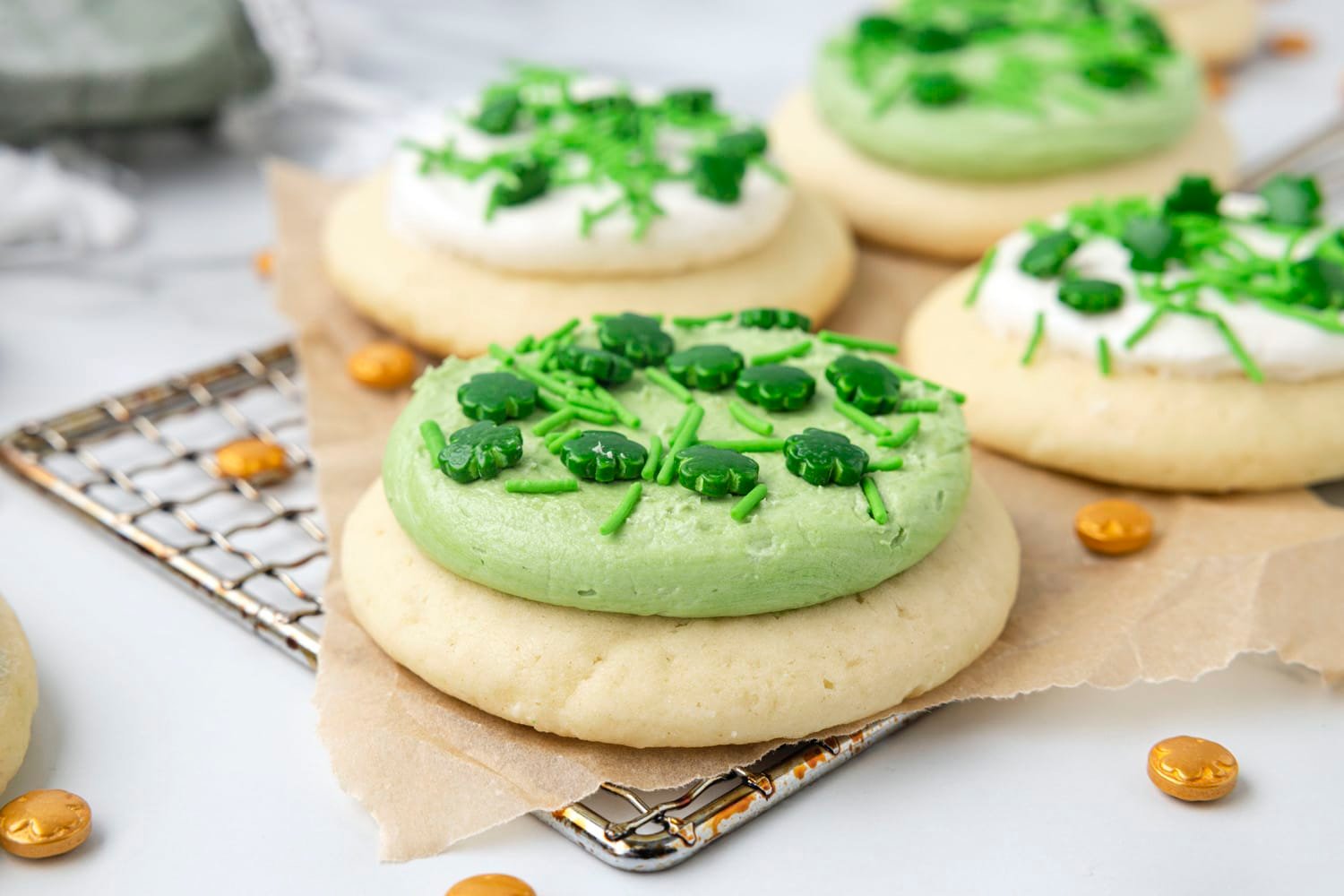 Close up of iced green sugar cookies