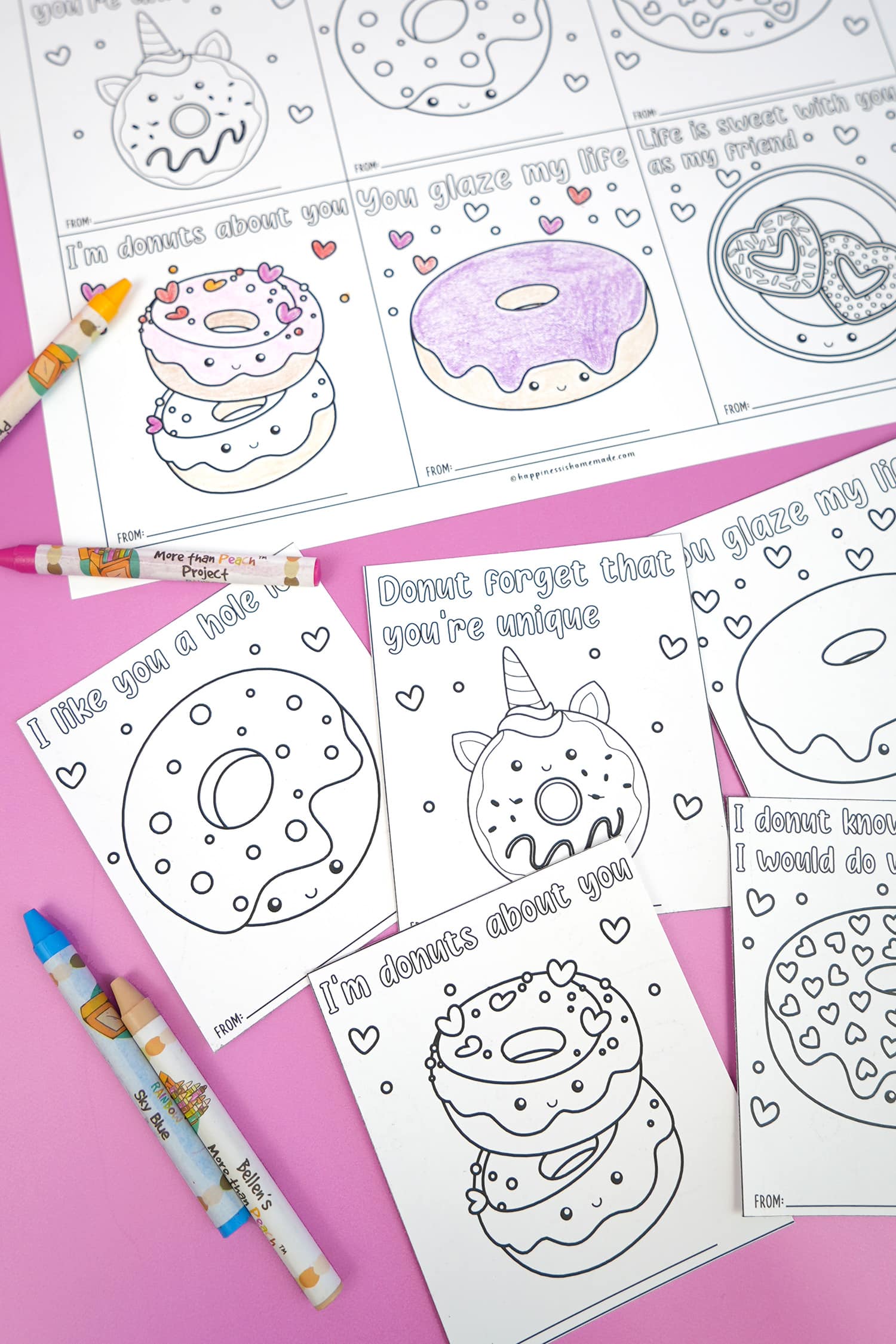 four coloring pages with donuts and hearts on them