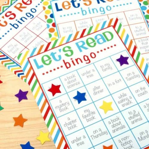 Let's Read Bingo card with star markers being played