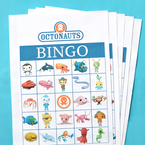 Octonauts free printable bingo game on blue background