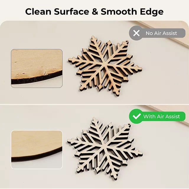 photo collage of two cut wooden snowflakes showing made with air assist gives browned color and with air assist has no browning effect