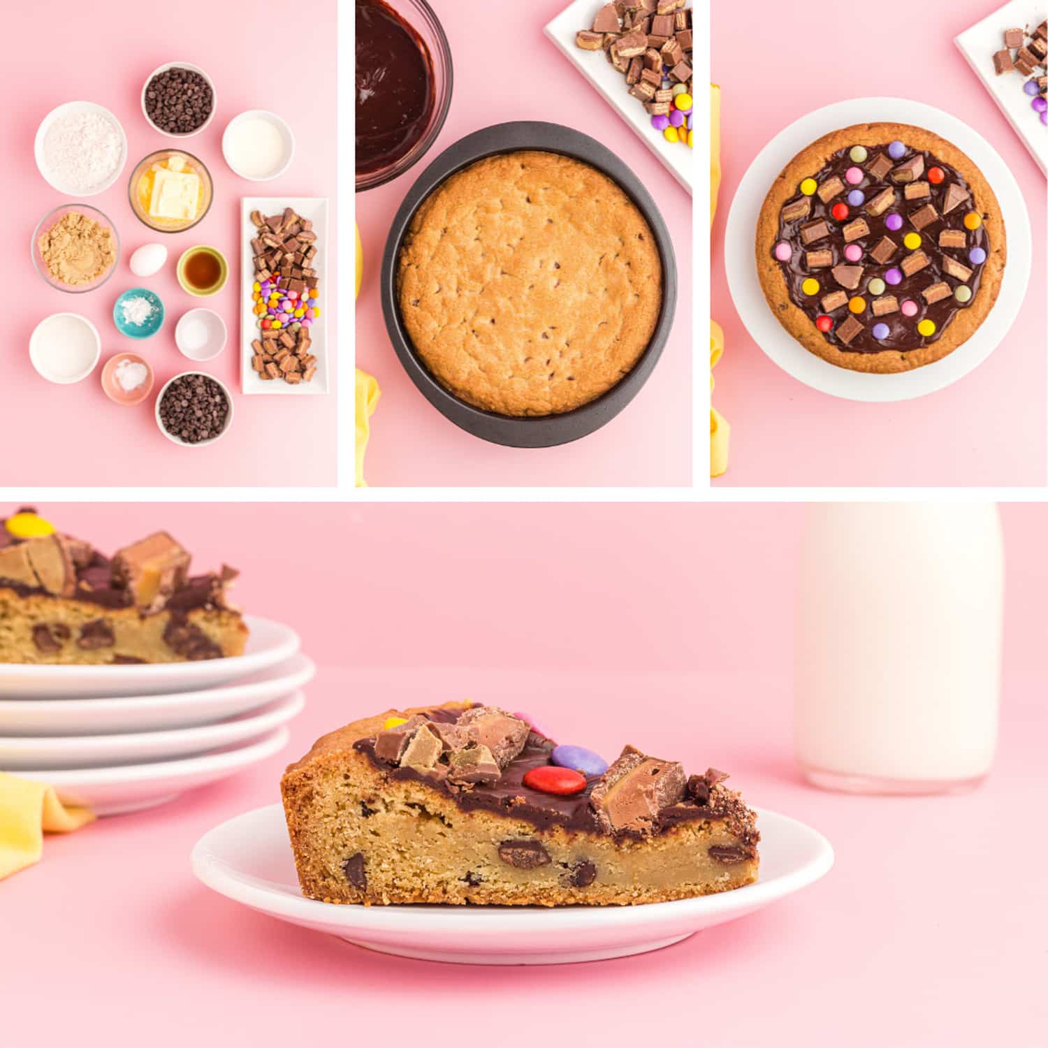 Collage photo of individual ingredients for a chocolate chip cookie cake