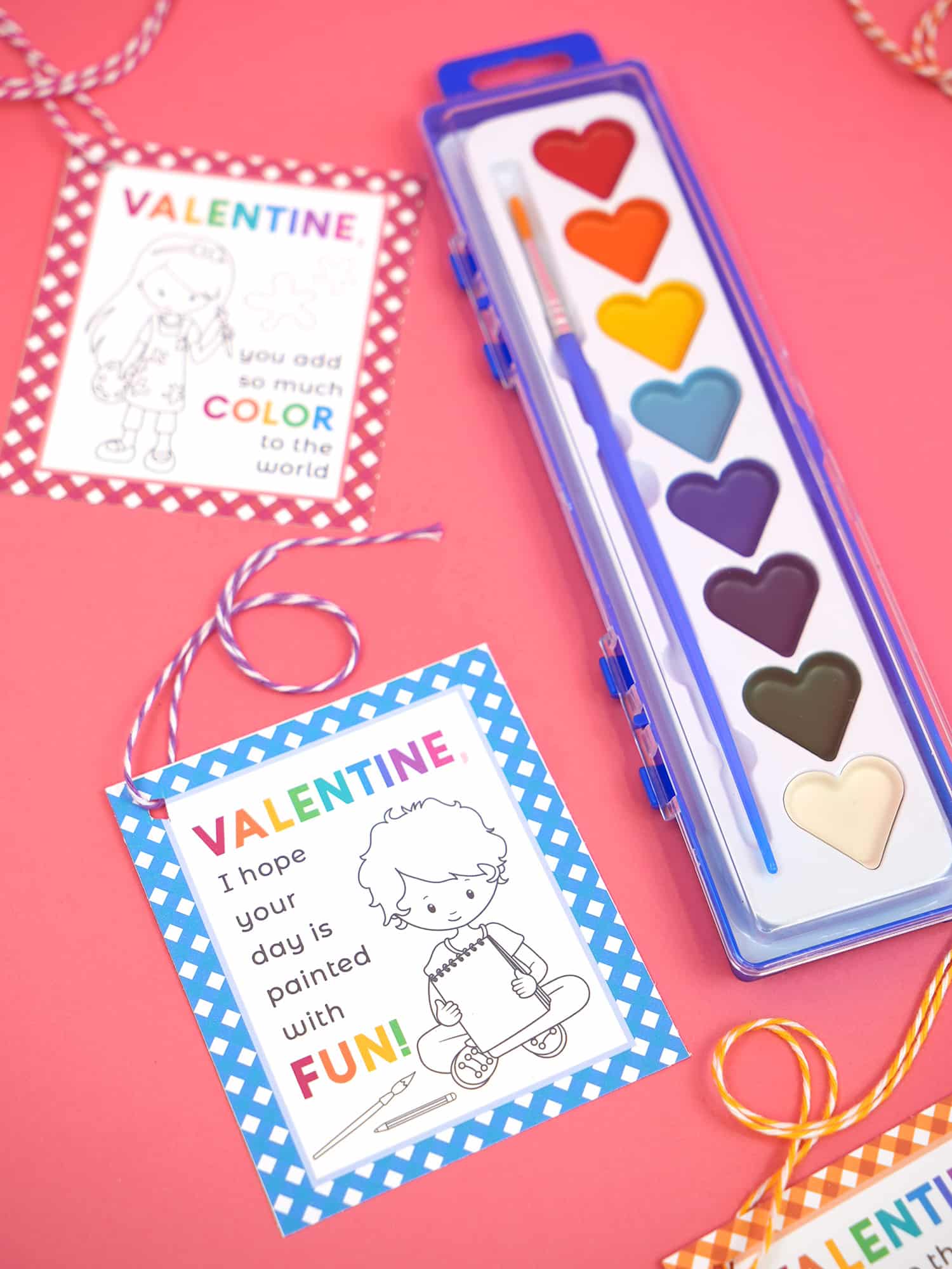 "Valentine, I hope your day is painted with fun!" paint themed Valentine's Day card on pink background with heart watercolor paint set