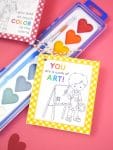 Cute "You are a work of art!" paint themed valentine card for Valentine's Day with heart-shaped watercolor paints
