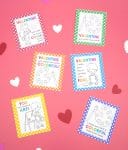 Set of paint valentines cards for kids printable sheet with hearts on a pink background