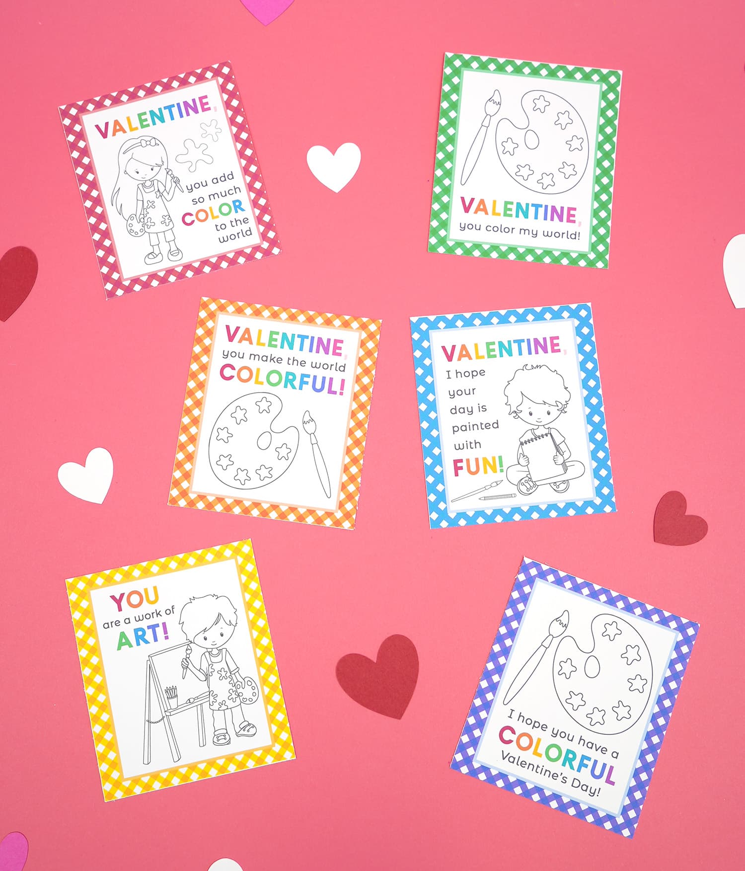 Set of paint valentines cards for kids printable sheet with hearts on a pink background