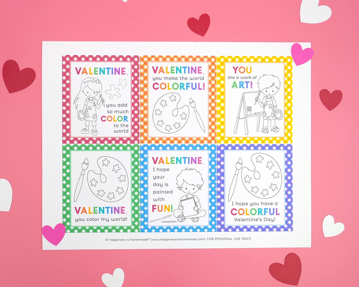 Set of printable art paint valentines cards for kids on an uncut sheet with hearts on a pink background
