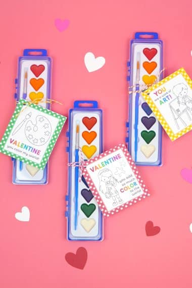 Heart-shaped watercolor paint sets with cute paint themed art Valentines for kids