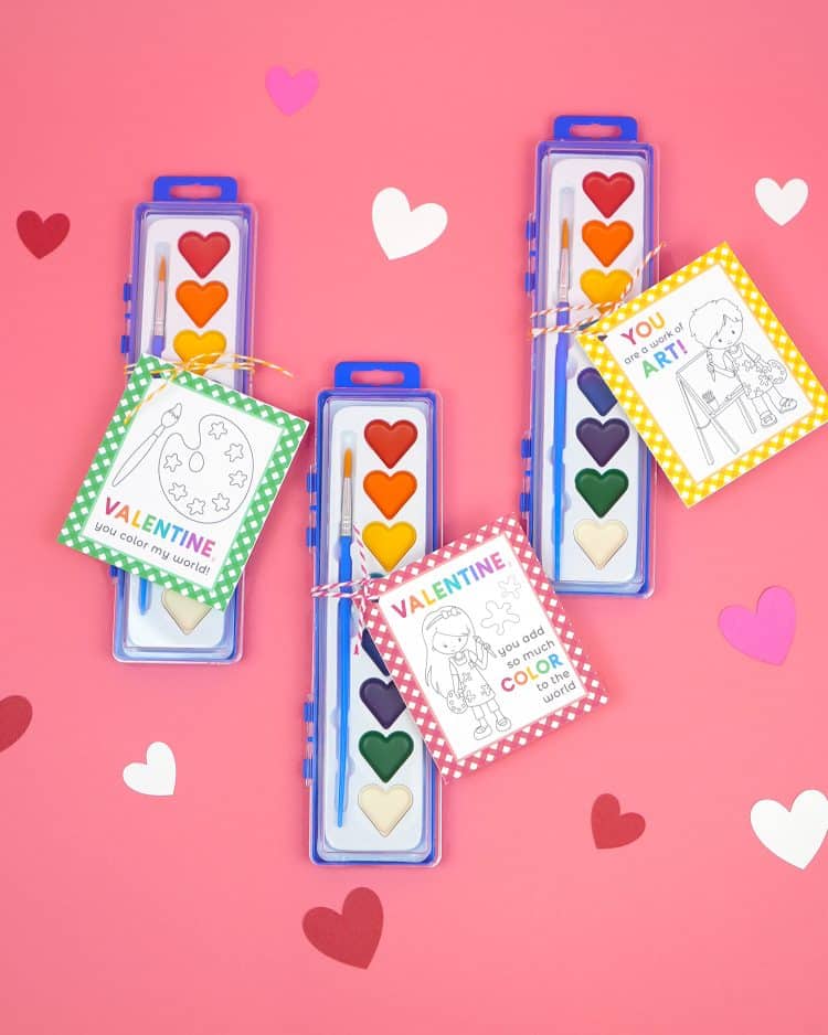 Heart-shaped watercolor paint sets with cute paint themed art Valentines for kids