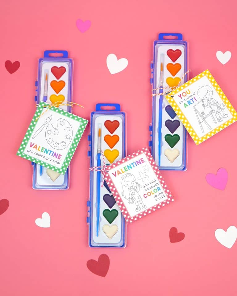 Heart-shaped watercolor paint sets with cute paint themed art Valentines for kids