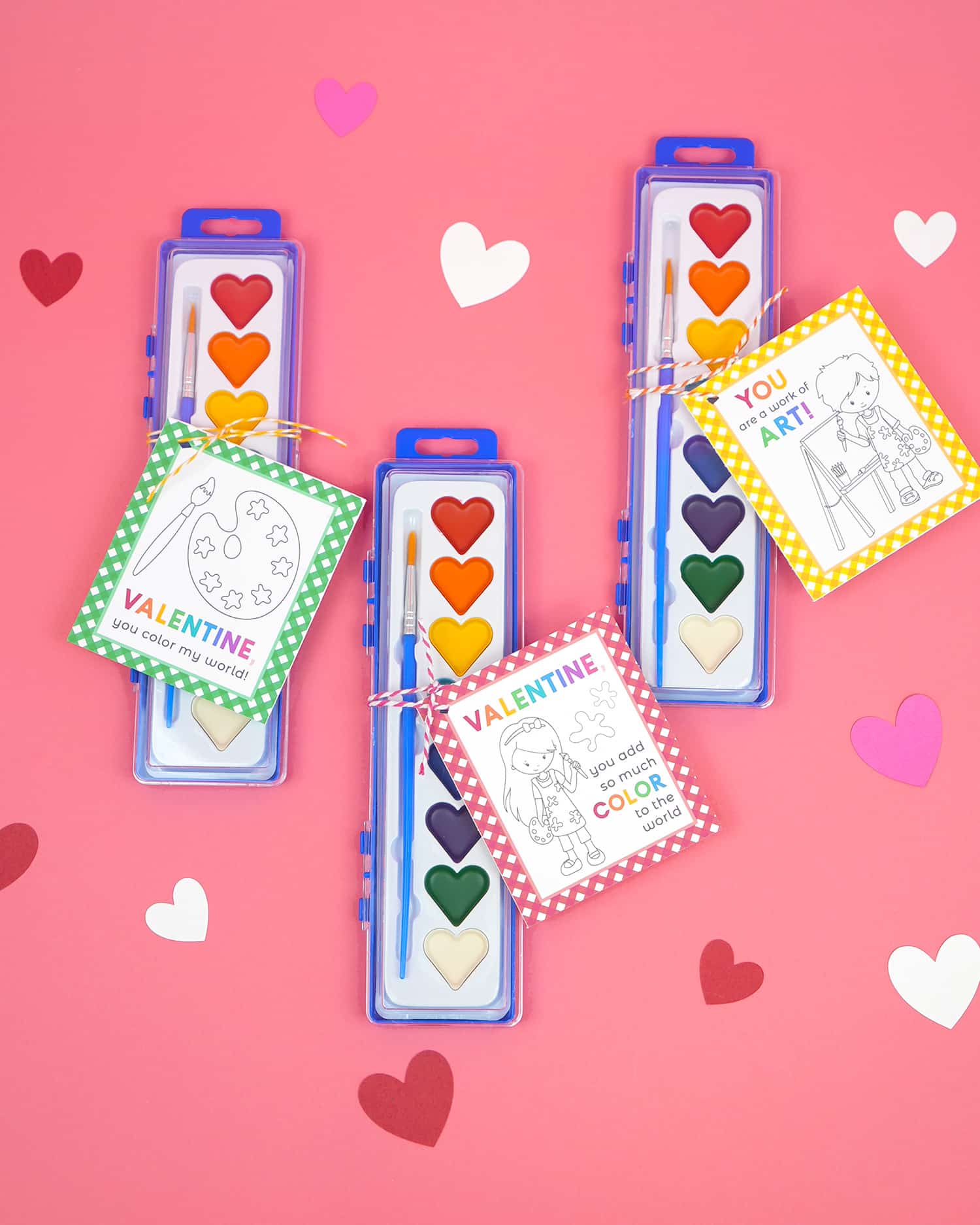 Heart-shaped watercolor paint sets with cute paint themed art Valentines for kids