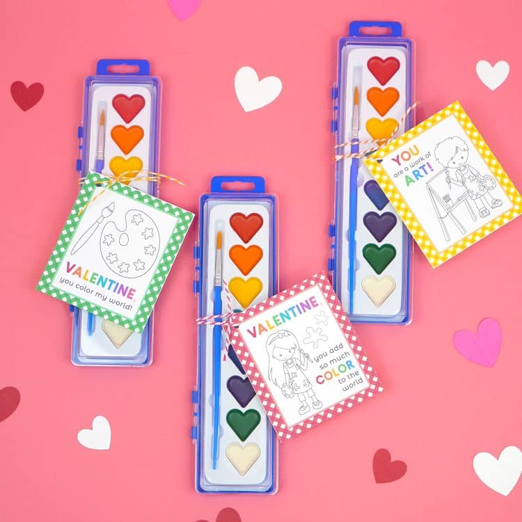 Heart-shaped watercolor paint set with printable art paint Valentine's Day card for kids