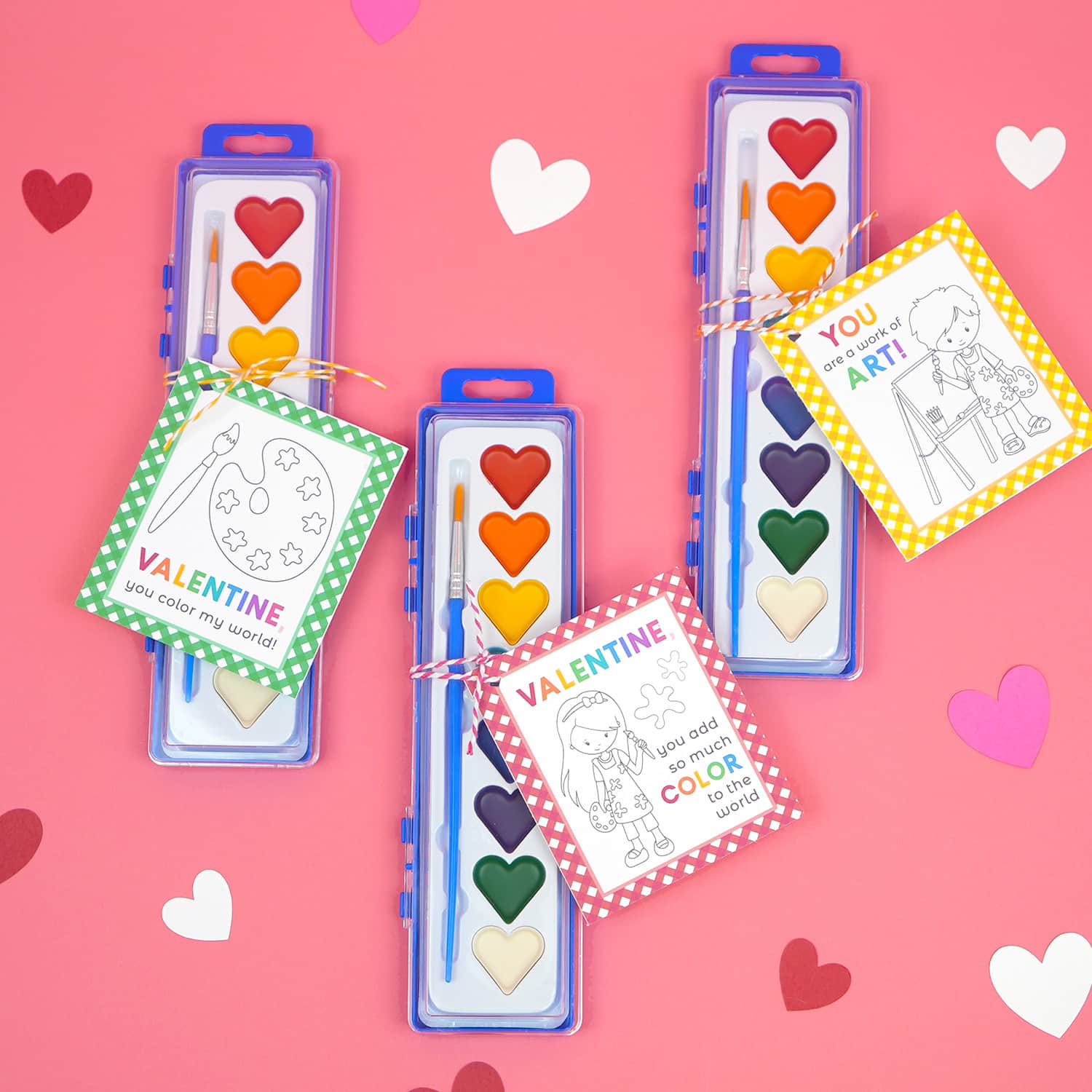 Heart-shaped watercolor paint set with printable art paint Valentine's Day card for kids