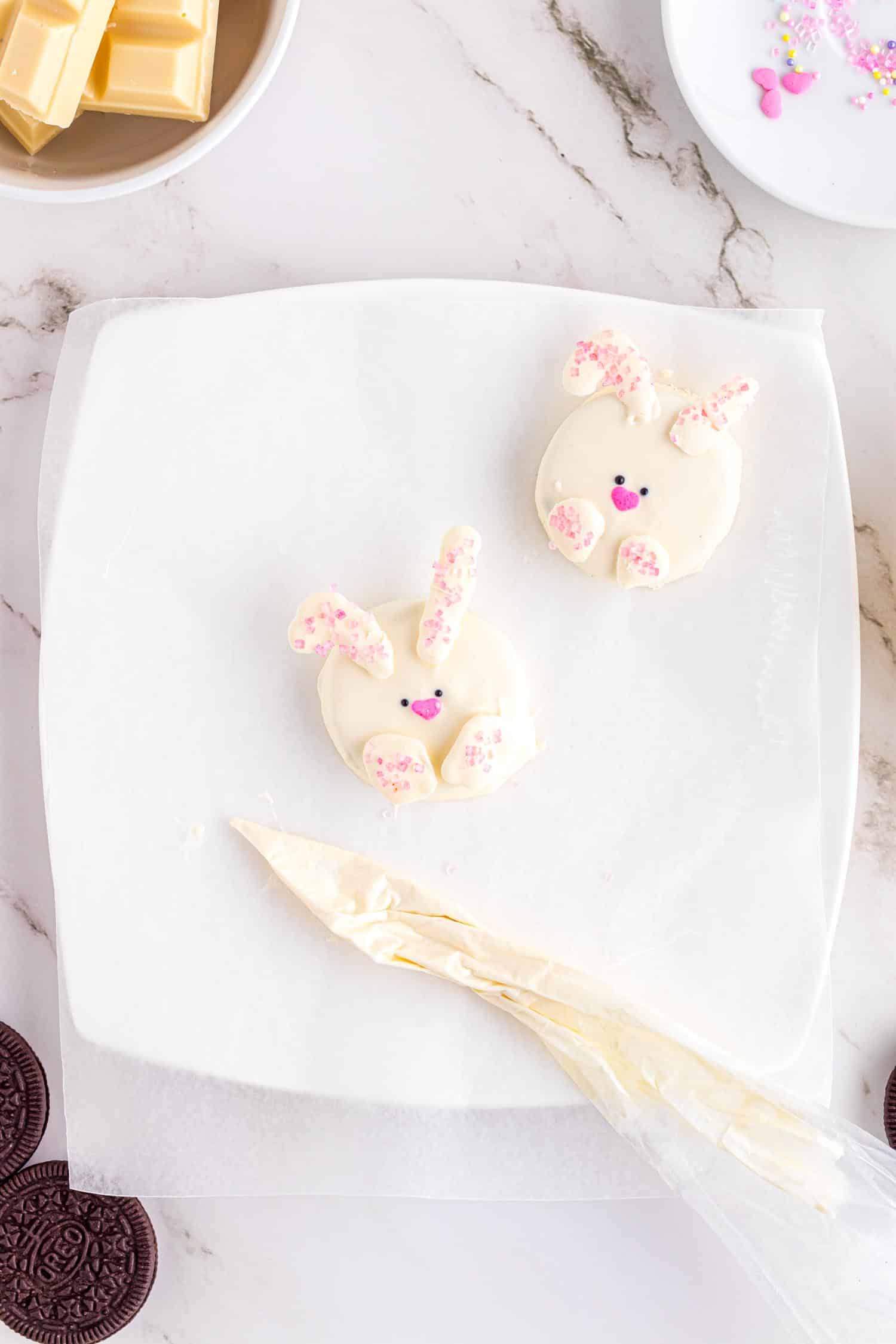 Fully assembled bunny rabbit chocolate covered Oreo cookies