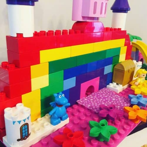 Rainbow castle made from LEGO Duplo blocks