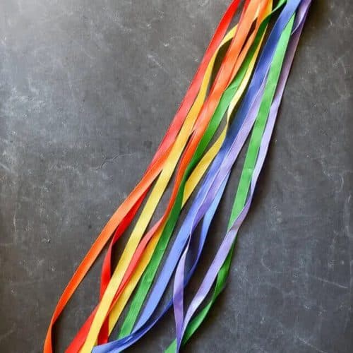Rainbow ribbons strung together on a keyring