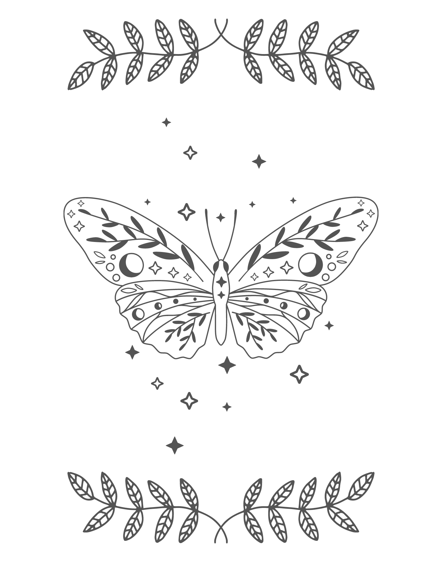 Free printable coloring sheet of butterfly and leaves