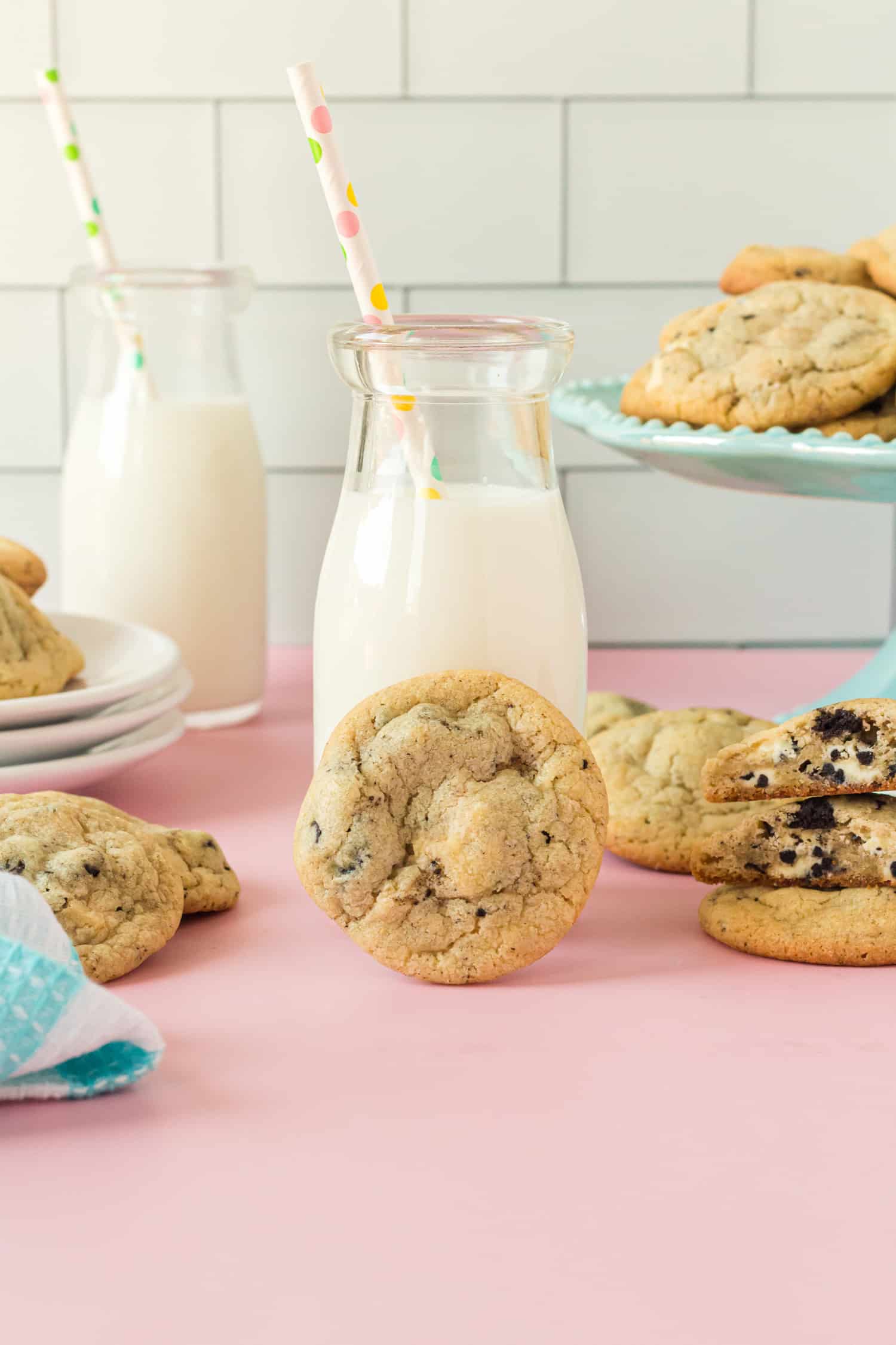 Moist pudding cookies pictured with glass of milk