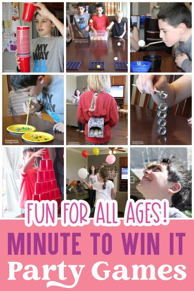 "Fun for all ages, Minute-to-win-it Party Games pin graphic