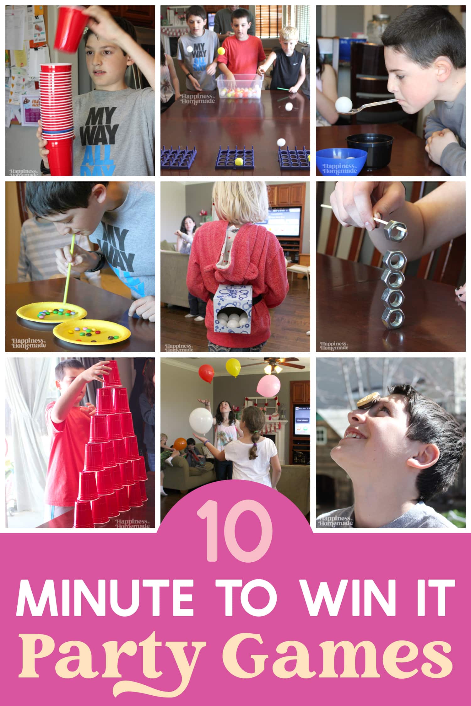"10 Minute to Win It Party Games: Fun for All Ages!" text with collage image depicting several Minute to Win It Games for Kids and Adults